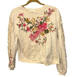 Anthropologie cream Embroidered pink green Flowers SPRING Crochet sleeves top S